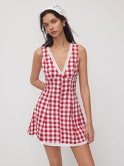 Cotton Gingham V-neck Broderie Anglaise Trim Mini Dress
