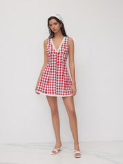 Cotton Gingham V-neck Broderie Anglaise Trim Mini Dress