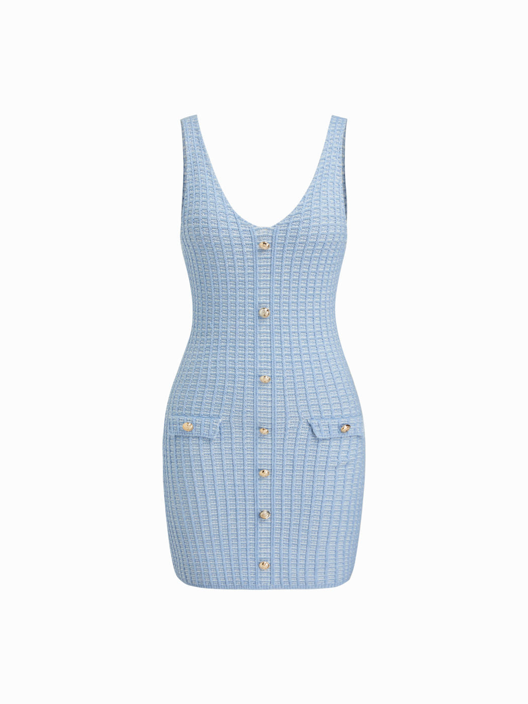Knit V-neck Metal Button Detail Mini Dress