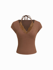 Halter Neckline Short Sleeve Contrasting Lace Top