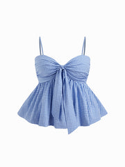 V-neck Check Shirred Knotted Bubble Hem Cami Top Curve & Plus