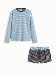 Round Neckline Stripe Long Sleeve Top & Low Rise Patchy Shorts Loungewear Set