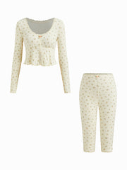 100% Cotton Scoop Neckline Floral Lace Lettuce Trim Crop Top & Low Rise Leggings Loungewear Set
