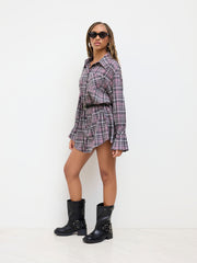 Collar Tartan Button Bell Sleeve Oversized Shirt Mini Dress With Belt
