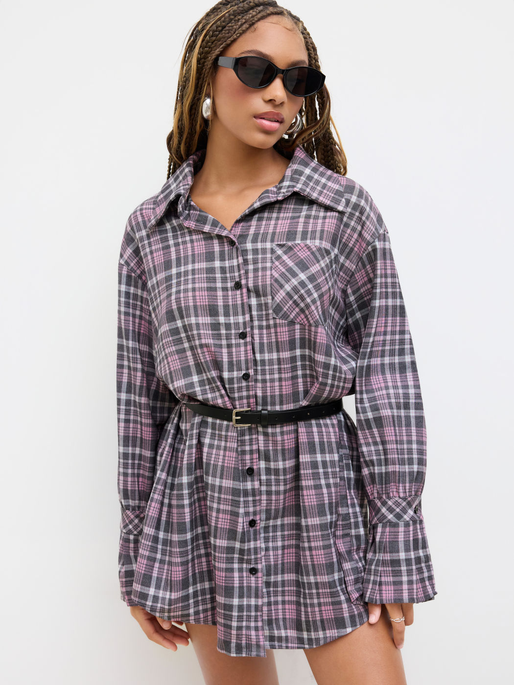 Collar Tartan Button Bell Sleeve Oversized Shirt Mini Dress With Belt