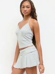 Cotton-blend Halter Neckline Stripe Crop Top & Low Rise Ruffle Hem Skirt Set
