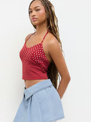 Cotton-blend Halter Neckline Polka Dot Patched Crop Top