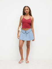 Cotton-blend Halter Neckline Polka Dot Patched Crop Top