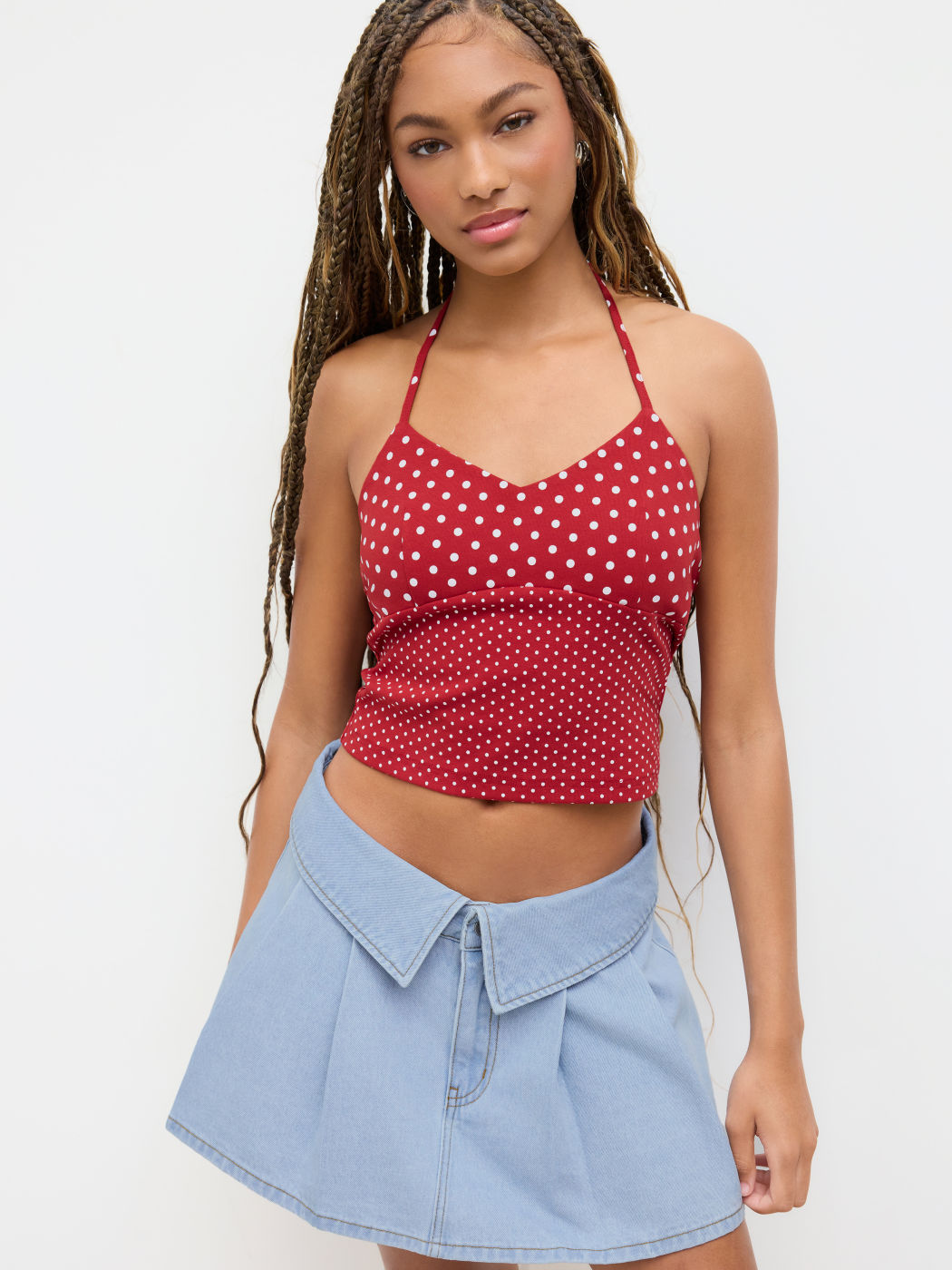 Cotton-blend Halter Neckline Polka Dot Patched Crop Top