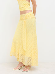 Lace Mid Rise Floral O-Ring Ruffle Hem Maxi Skirt