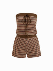Cotton-blend Stripe Knotted Contrasting Binding Bandeau Romper