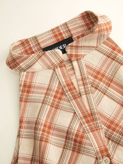 Stand Collar Plaid Ruched Split Top