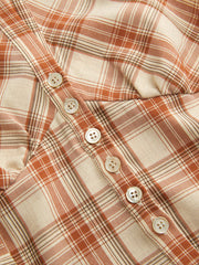 Stand Collar Plaid Ruched Split Top