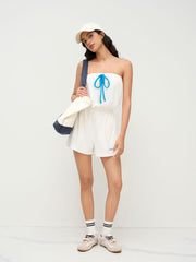 Terry Feeling Salty Embroidery Drawstring Knotted Bandeau Romper