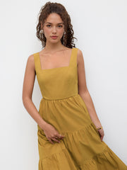 100% Cotton Square Neck Tie Back Maxi Dress