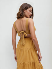 100% Cotton Square Neck Tie Back Maxi Dress