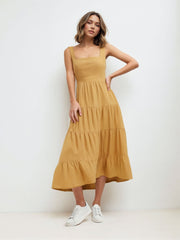 100% Cotton Square Neck Tie Back Maxi Dress