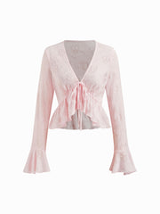 V-neck Broderie Anglaise Knotted Ruffle Hem Long Sleeve Top