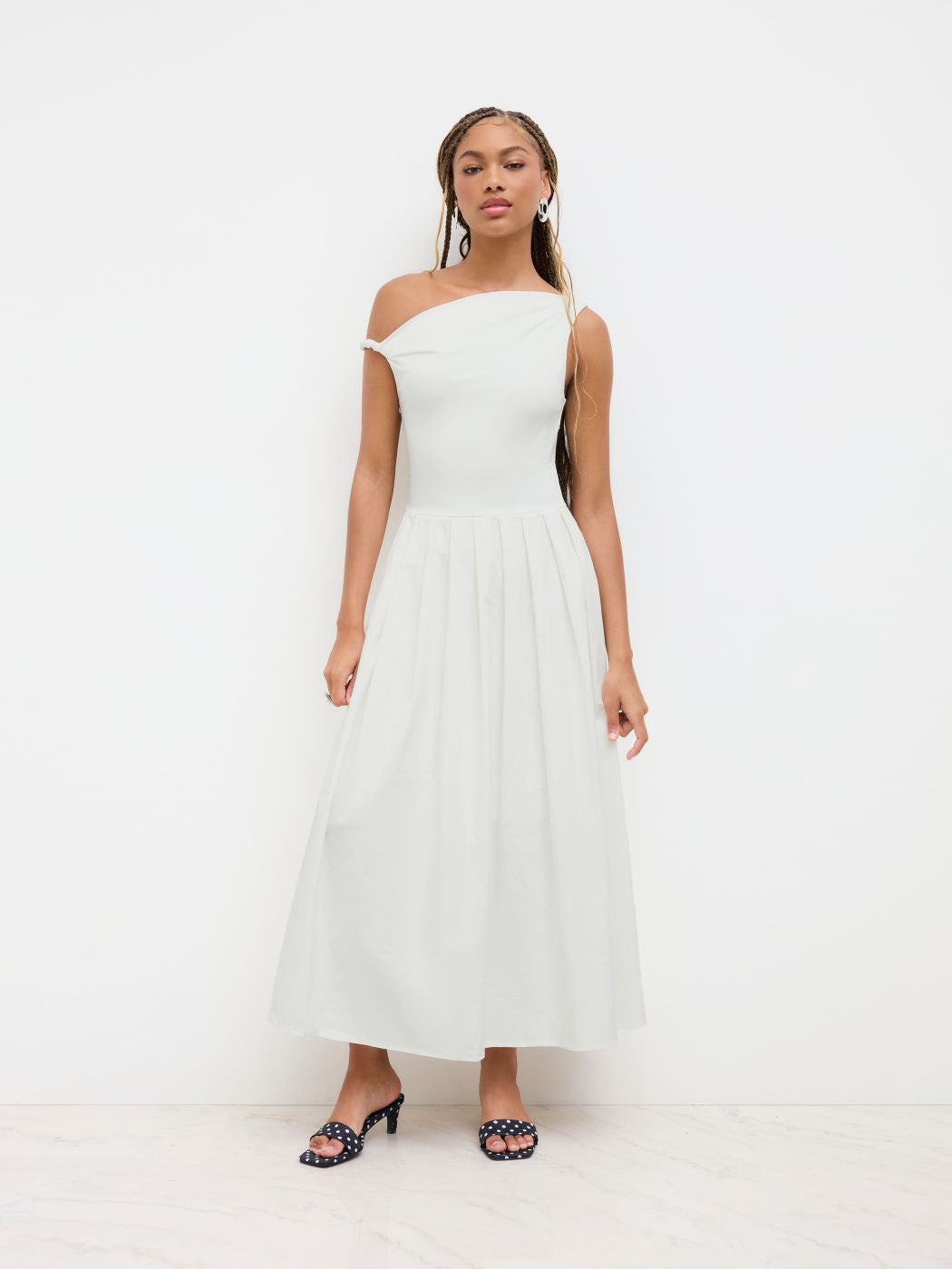 Cotton-blend Asymmetrical Neck Ruched Twist Pleated Maxi Dress