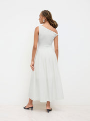 Cotton-blend Asymmetrical Neck Ruched Twist Pleated Maxi Dress