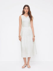 Cotton Round Neckline Drawstring Cut Out Midi Dress