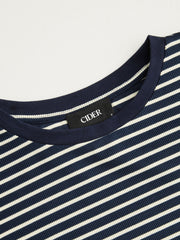 Cotton-blend Stripe Contrasting Binding Tee & Elastic Waist Shorts Set