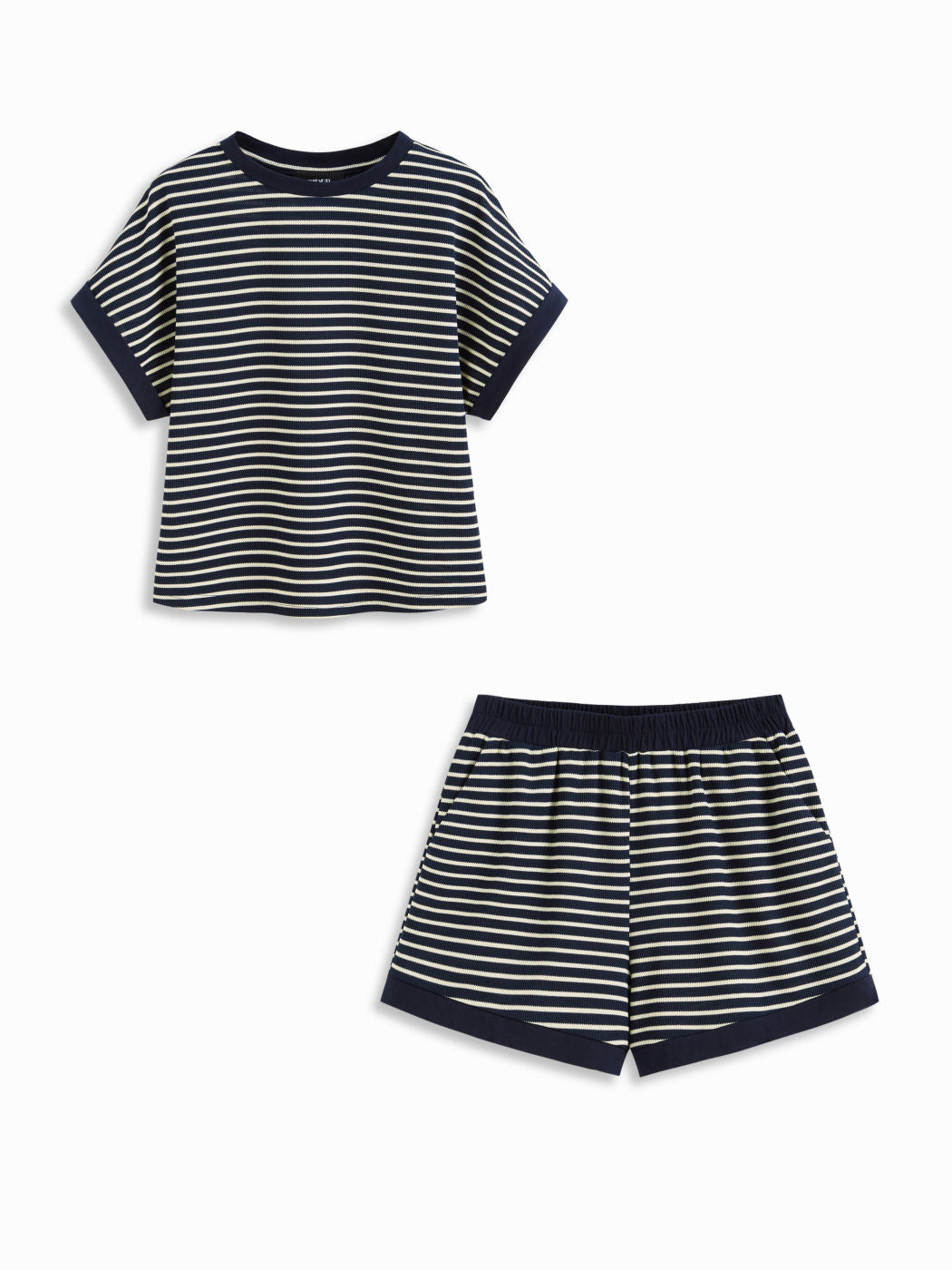 Cotton-blend Stripe Contrasting Binding Tee & Elastic Waist Shorts Set