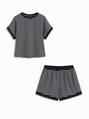 Cotton-blend Stripe Contrasting Binding Tee & Elastic Waist Shorts Set