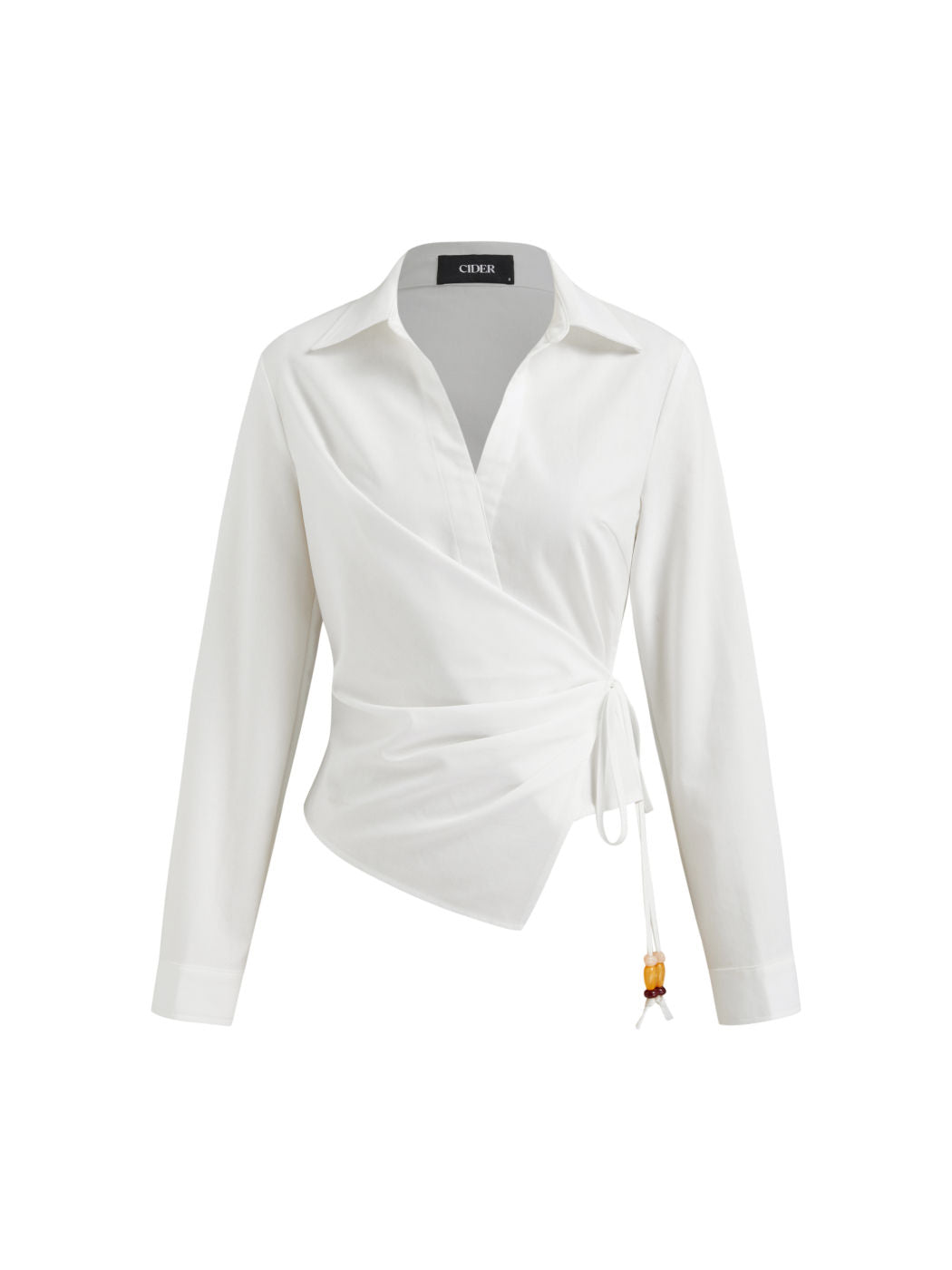 Linen-blend Collar Long Sleeve Wrap Beaded Asymmetrical Hem Blouse