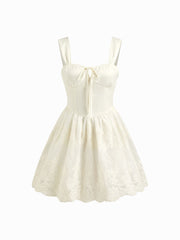 Square Neck Stitch Floral Knotted Mini Dress