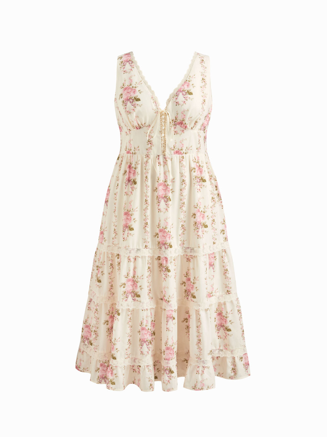 V-neck Lace Trim Floral Lace Up Tiered Maxi Dress Curve & Plus