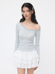 Knit Wool-blend Asymmetrical Neck Stripe Long Sleeve Top