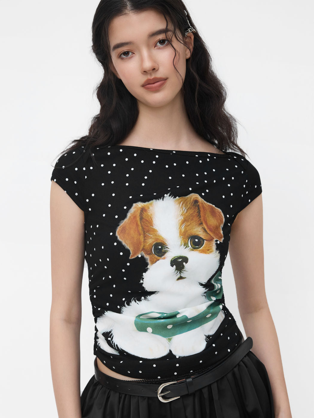Boat Neck Polka Dot Dog Graphic Ruched Tee