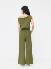 Asymmetrical Neck Texture Drawstring Knotted Jumpsuit