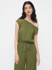 Asymmetrical Neck Texture Drawstring Knotted Jumpsuit