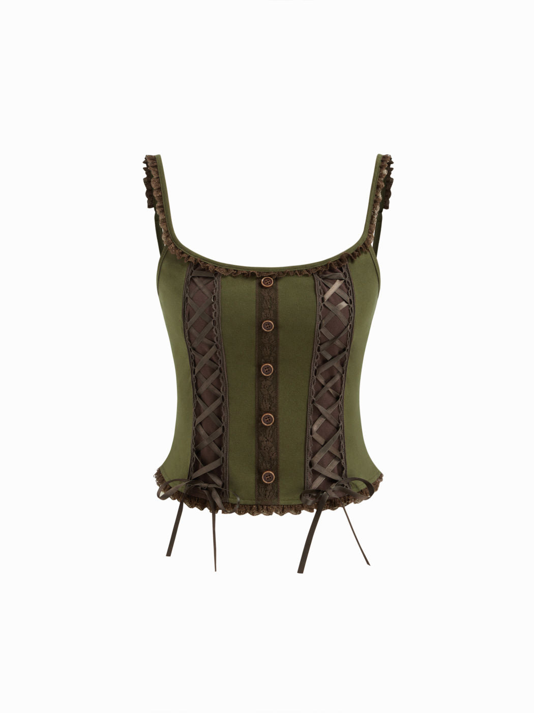 Cotton-blend Scoop Neckline Lace Up Lettuce Trim Crop Cami Top