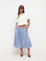 Cotton Mid Rise Elastic Waist Tartan Midi Skirt