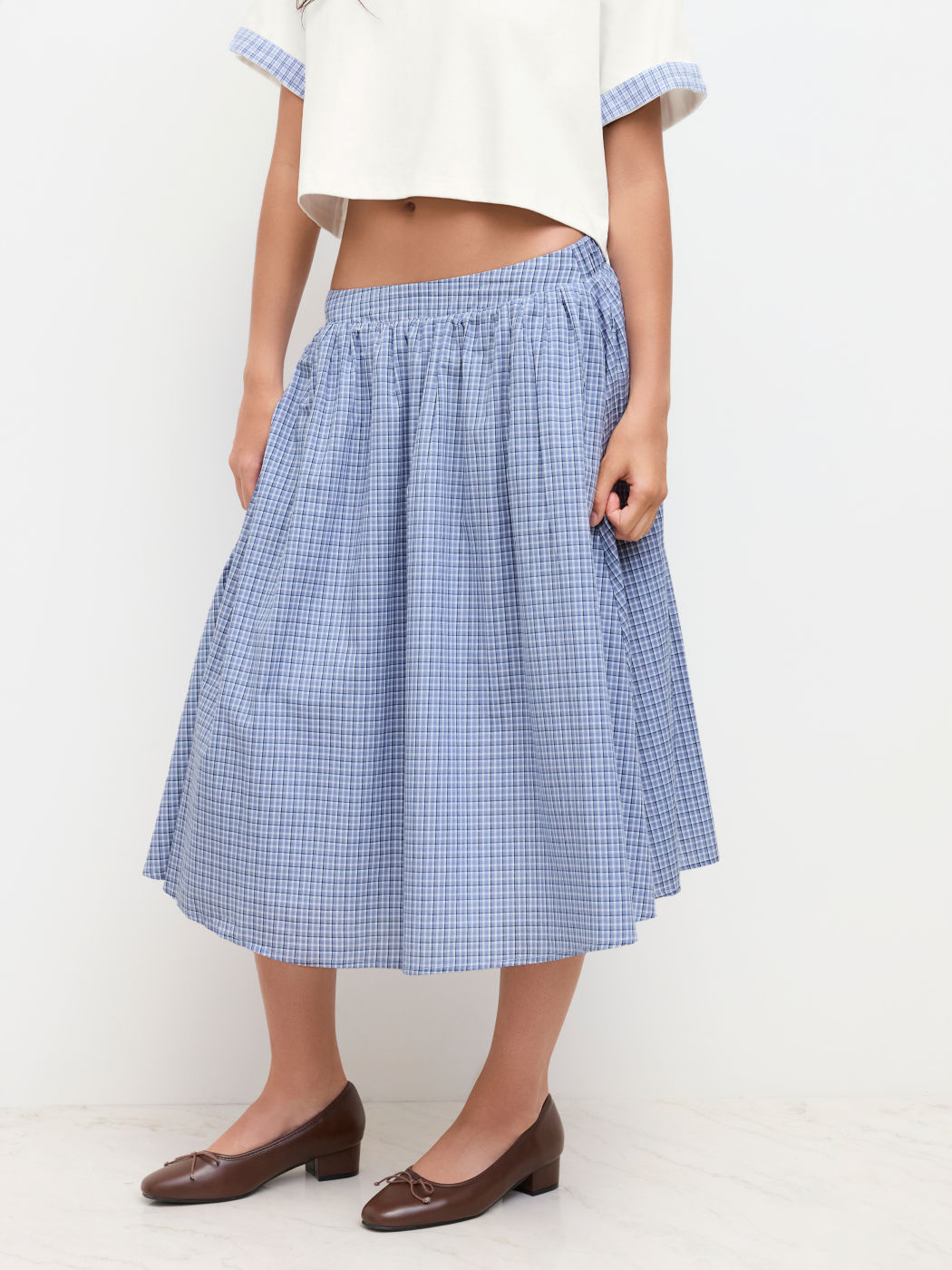 Cotton Mid Rise Elastic Waist Tartan Midi Skirt