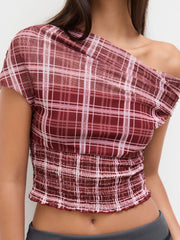 Mesh Plaid Off-shoulder Short Sleeve Shirred Lettuce Trim Top