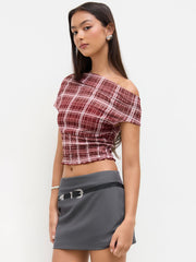 Mesh Plaid Off-shoulder Short Sleeve Shirred Lettuce Trim Top