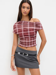 Mesh Plaid Off-shoulder Short Sleeve Shirred Lettuce Trim Top