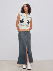 Denim Low Rise Solid Split Raw Hem Pocket Maxi Skirt
