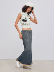 Denim Low Rise Solid Split Raw Hem Pocket Maxi Skirt