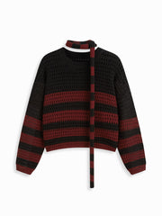 Knit Stripe Hollow Out Crop Top  With Scarf Curve & Plus