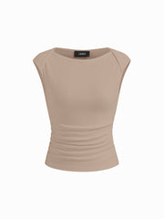 Cotton-blend Boat Neck Ruched Tank Top