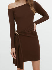 Asymmetrical Neck Long Sleeve Metal Detail Draped Mini Dress