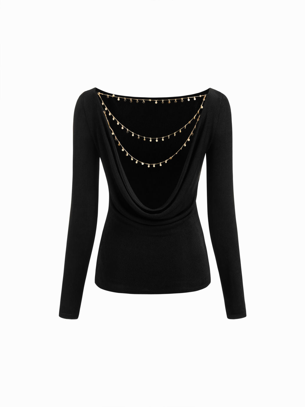 Boat Neck Long Sleeve Metal Chain Detail Backless Top