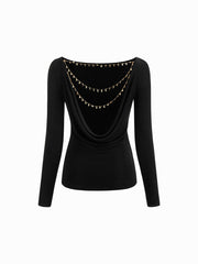 Boat Neck Long Sleeve Metal Chain Detail Backless Top