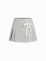 Cotton-blend Mid Rise Contrasting Lace Bowknot Pleated Mini Skirt