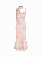 Lace Floral Cowl Neck Mermaid Maxi Dress With Scarf